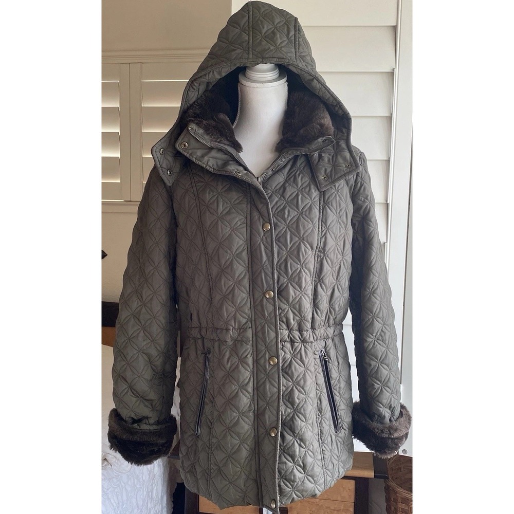 Marc New York Quilted ‎ Women M Olive Green coat Faux Fur Trim Hood